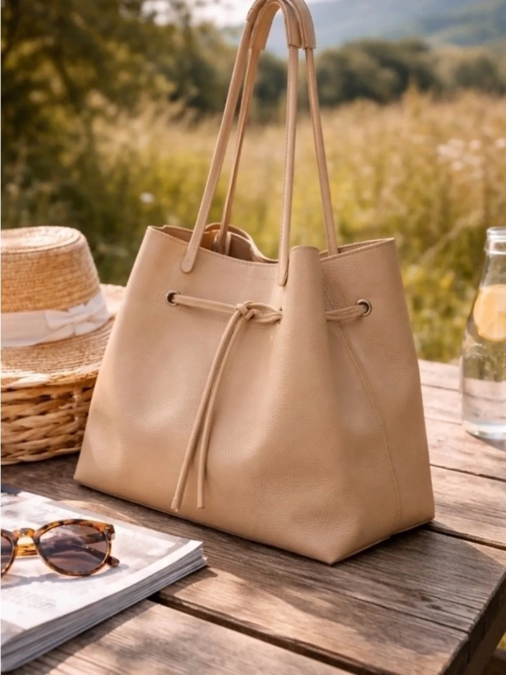 8 Other Reasons Vegan Pebbled Leather Slouchy Crossbody Bucket Bag in Tan NEW